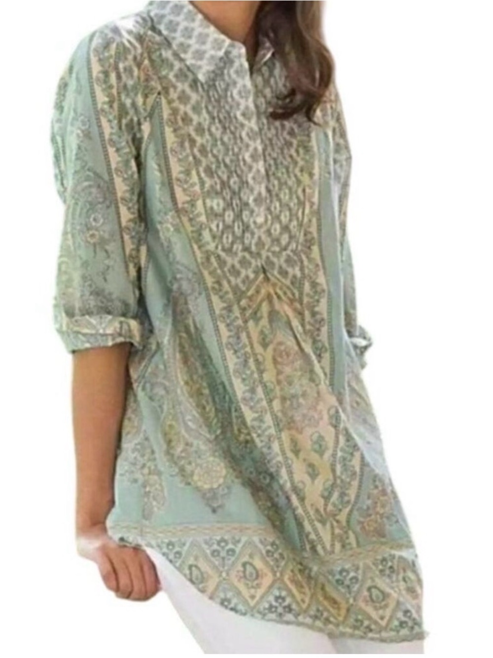Soft Surroundings Tabitha Tunic Blouse Floral Print Paisley Cotton Teal Size L
